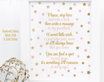 Guest Book Sign - Twinkle Little Star Baby Shower or Baby Girl Birthday Guest Book Sign, Blush Pink Gold Glitter Printable Party Sign 8x10