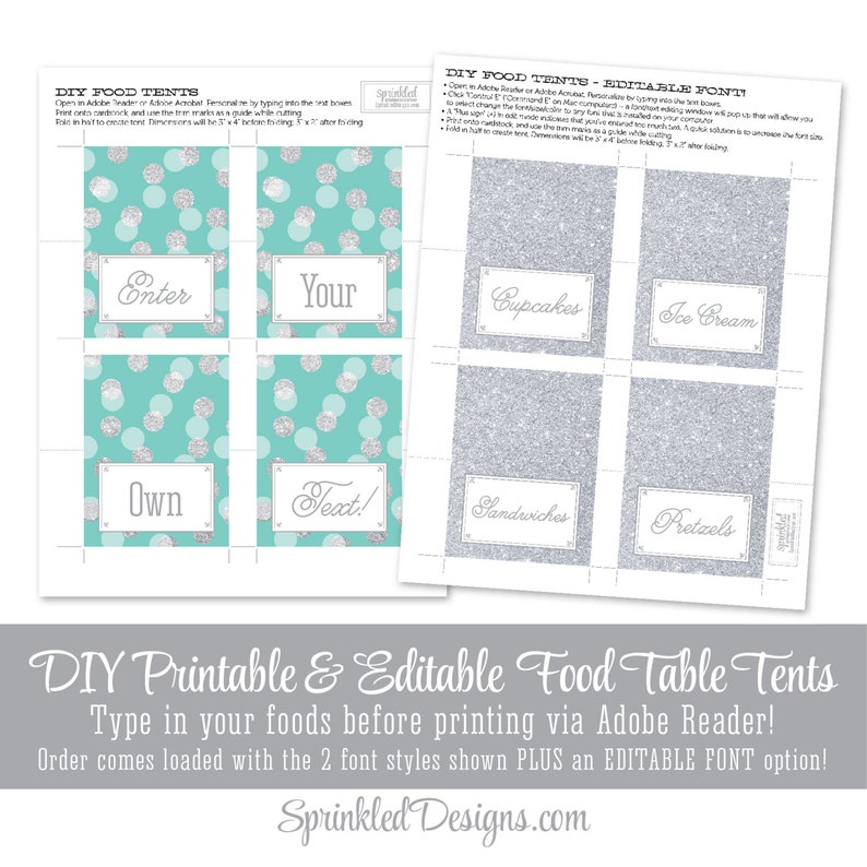 Printable Party Food Tents Audrey Blue Robin Egg Aqua Silver | Etsy