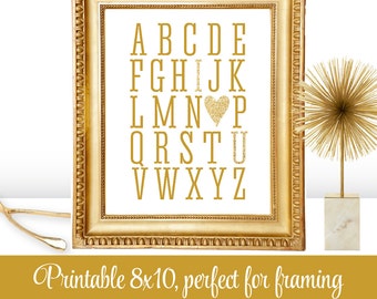 Alphabet ABC I Love You - Printable Nursery Wall Art Gold Home Decor Decoration Wedding Sign - Gold Glitter Valentine's Day