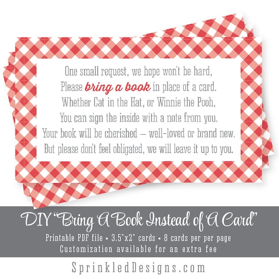 Bring A Book Instead Of A Card Red Check Gingham Printable Bring A Book Instead Of A Card Red Check Gingham Printable