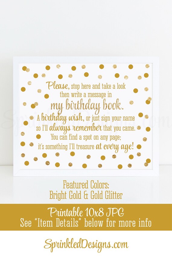Gold Glitter Birthday Guest Book Sign Printable, Please Sign My Book, Printable Golden Birthday Party Decorations, 10x8 Sign, Solid Glitter Il_570xn