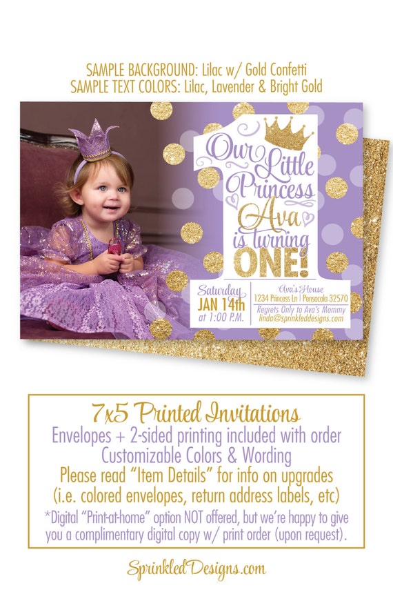 Princess First Birthday Girl Invitations Purple Gold Glitter