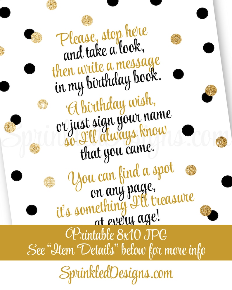 Birthday Guest Book Sign, Sign My Guestbook, Black White Gold Glitter Birthday Decorations 8x10 Printable Birthday Girl Boy Party Sign image 2