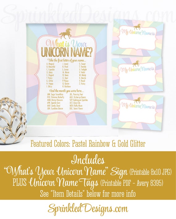 Unicorn Name Party Sign Name Tags, Unicorn Name Party Game, What's Your Unicorn Name? Printable Rainbow Unicorn Birthday Party Decorations Il_570xn