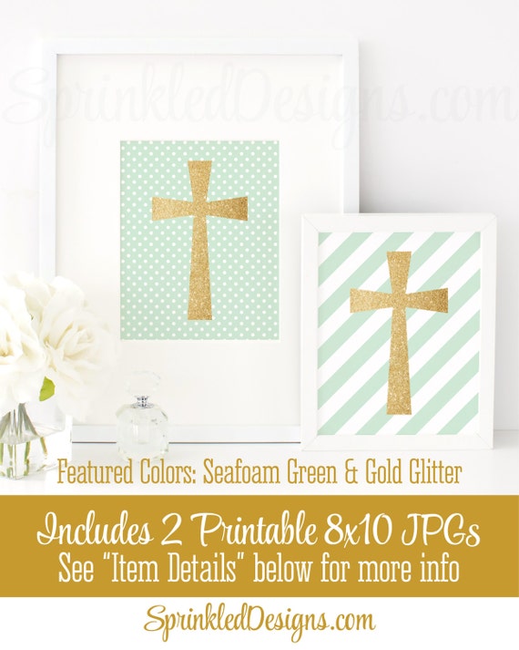 Gold Glitter Cross Wall Art Seafoam Green White Set Of 2