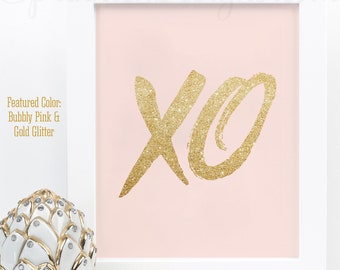 XOXO Sign, Printable Blush Bubbly Pink Gold Glitter Bachelorette Party Decoration, XO Sign, Gallery Wall Art Print, Makeup Vanity Home Decor
