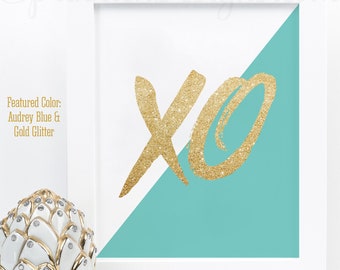 XOXO Sign, Printable Audrey Blue Gold Glitter Bachelorette Party Decoration, XO Sign, Gallery Wall Art Print, Makeup Vanity Home Decor