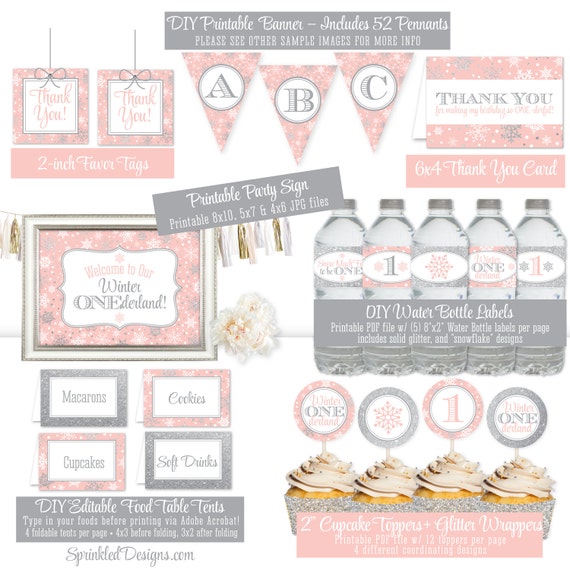 Winter Onederland Decorations - Blush Pink Silver Glitter Printables Winter Onederland Girl First Birthday Party Package Party Decorations Il_570xn