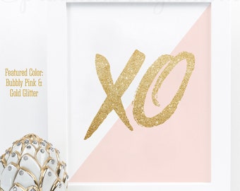 XOXO Sign, Printable Blush Bubbly Pink Gold Glitter Bachelorette Party Decoration, XO Sign, Gallery Wall Art Print, Makeup Vanity Home Decor