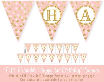 Blush Pink Gold Glitter Happy 1st Birthday 60th - Printable Party Pennant Banner 8x10 Large Flags - Girl First Bday Big One INSTANT DOWNLOAD