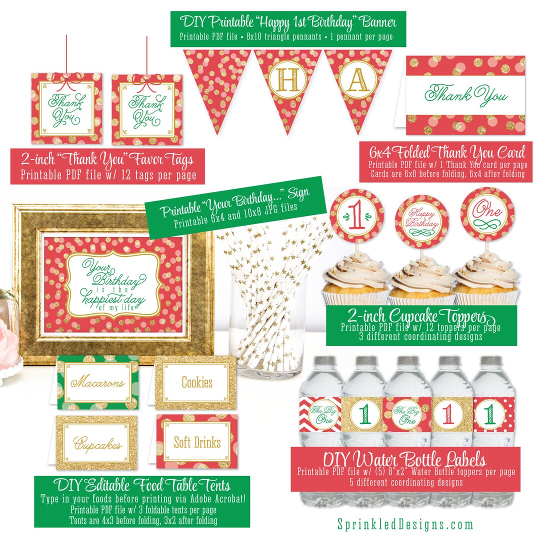 Christmas First Birthday Decorations PRINTABLE Party Pack Red - Etsy