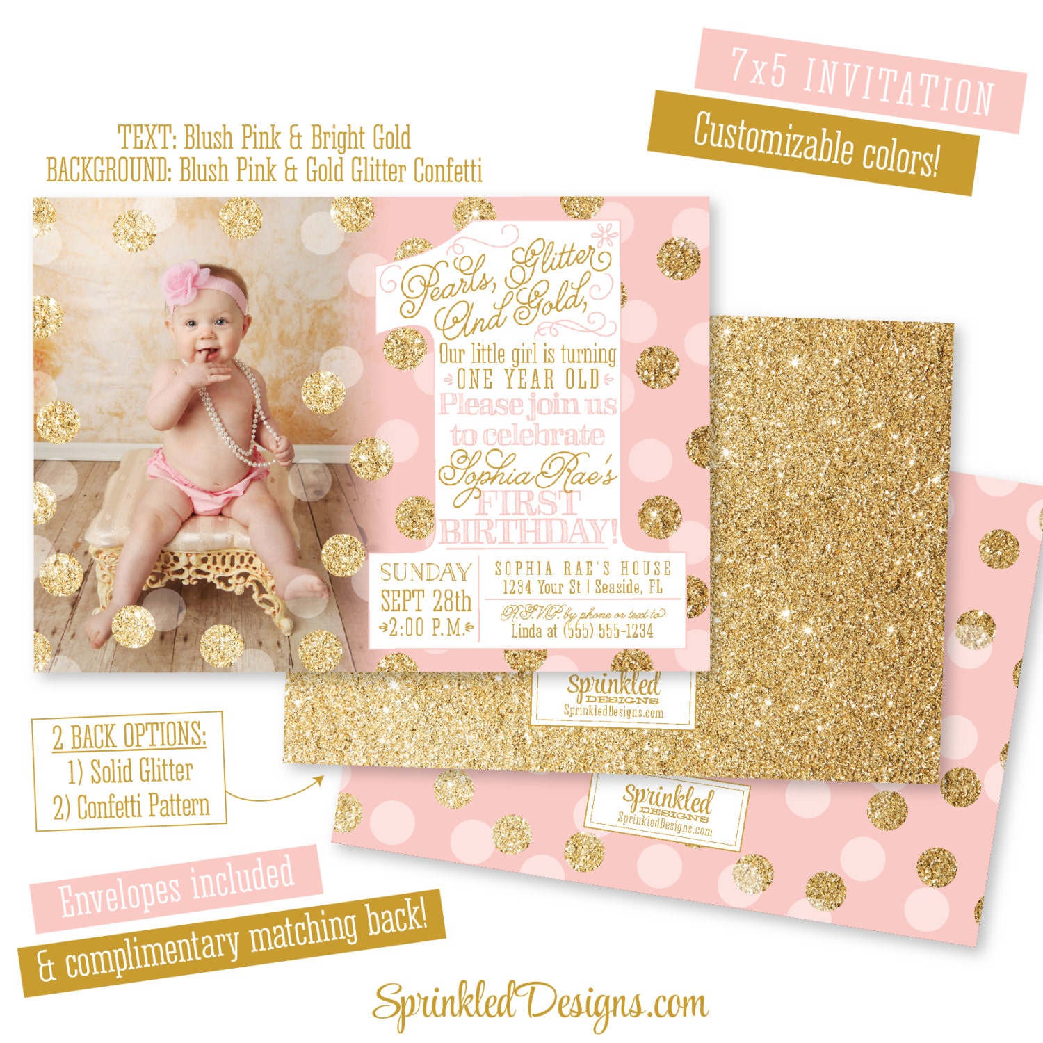 First Birthday Girl Invitation Photo Card Pearls Glitter Etsy