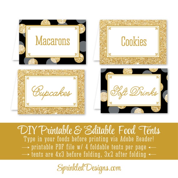 Black Gold Glitter Printable Party Food Tents - Folding Editable Buffet Labels Place Cards - Wedding, Birthday, Baby Shower, Bridal Shower Il_570xn
