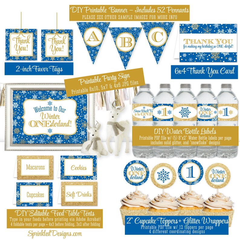 Winter Onederland Birthday Decorations Royal Blue Gold Glitter Printables Winter Onederland Boy First Birthday Party Decorations Party Set