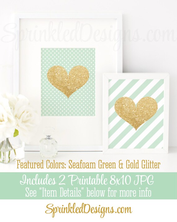 Gold Glitter Heart Seafoam Mint Green White Set Of 2 Printable