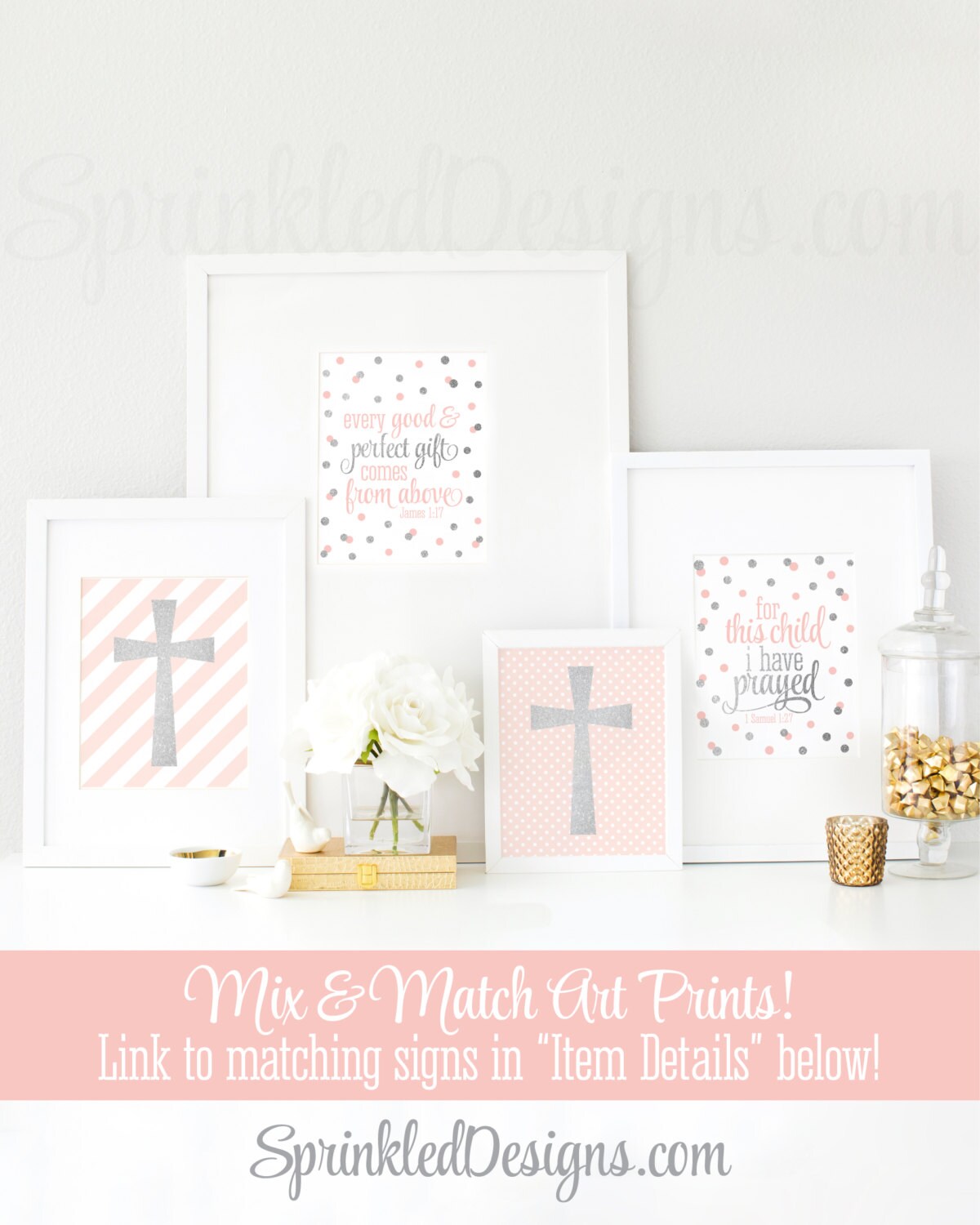 Silver Glitter Cross Wall Art Blush Bubbly Pink White Set of Etsy