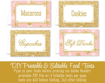 Blush Pink Gold Glitter Printable Party Food Tents - Twinkle Little Star Baby Shower Gender Reveal - Editable Buffet Table Place Cards