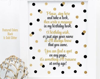 Birthday Guest Book Sign, Sign My Guestbook, Black White Gold Glitter Birthday Decorations - 8x10 Printable Birthday Girl Boy Party Sign