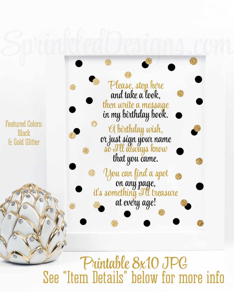 Birthday Guest Book Sign, Sign My Guestbook, Black White Gold Glitter Birthday Decorations 8x10 Printable Birthday Girl Boy Party Sign image 1