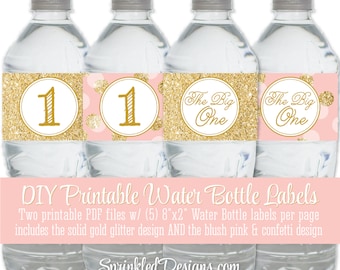 Printable Water Bottle Labels - Drink Wraps Wrappers Blush Pink Gold Glitter Dots Girl 1st First Birthday - Big One - INSTANT DOWNLOAD