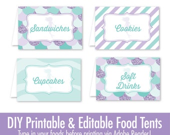 Mermaid Party Decorations - Printable Food Tents Editable Text Place Cards - Mermaid Decor, Mermaid Birthday Under the Sea Party Decorations