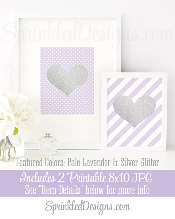 Silver Glitter Heart - Lavender Purple Gray - Set of 2 Printable Signs Baby Girl Nursery or Baby Shower Decorations, Purple Girls Room Decor Il_570xn