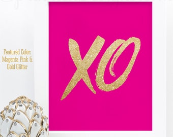 XOXO Sign, Printable Magenta Hot Pink Gold Glitter Bachelorette Party Decoration, XO Sign, Gallery Wall Art Print, Makeup Vanity Home Decor