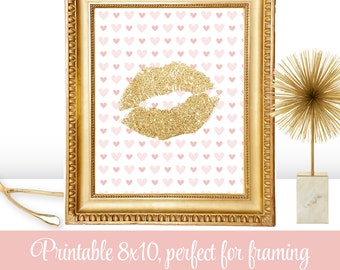 Gold Glitter Lips - Printable Makeup Vanity Room Decor, Girls Room Decoration, Kiss Wall Art, Valentines Day Decor, Blush Pink Hearts, 8x10