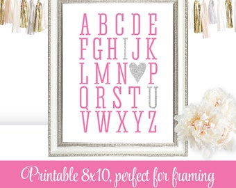 Alphabet ABC I Love You - Azalea Pink Silver Glitter, Girls Room Nursery Art Decoration, Wedding Prop Sign, Printable Valentine's Decor