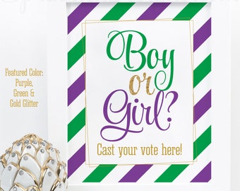 Mardi Gras Gender Reveal Party Decorations - Boy or Girl Cast Your Vote Printable Sign - Purple Green Gold Glitter Baby Shower Decorations