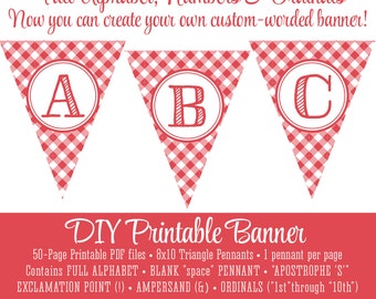 Pennant Banner, Red Checkered Gingham Plaid - 4th of July Printable Banner, Summer Picnic BBQ Decorations, Custom Full Alphabet Numbers