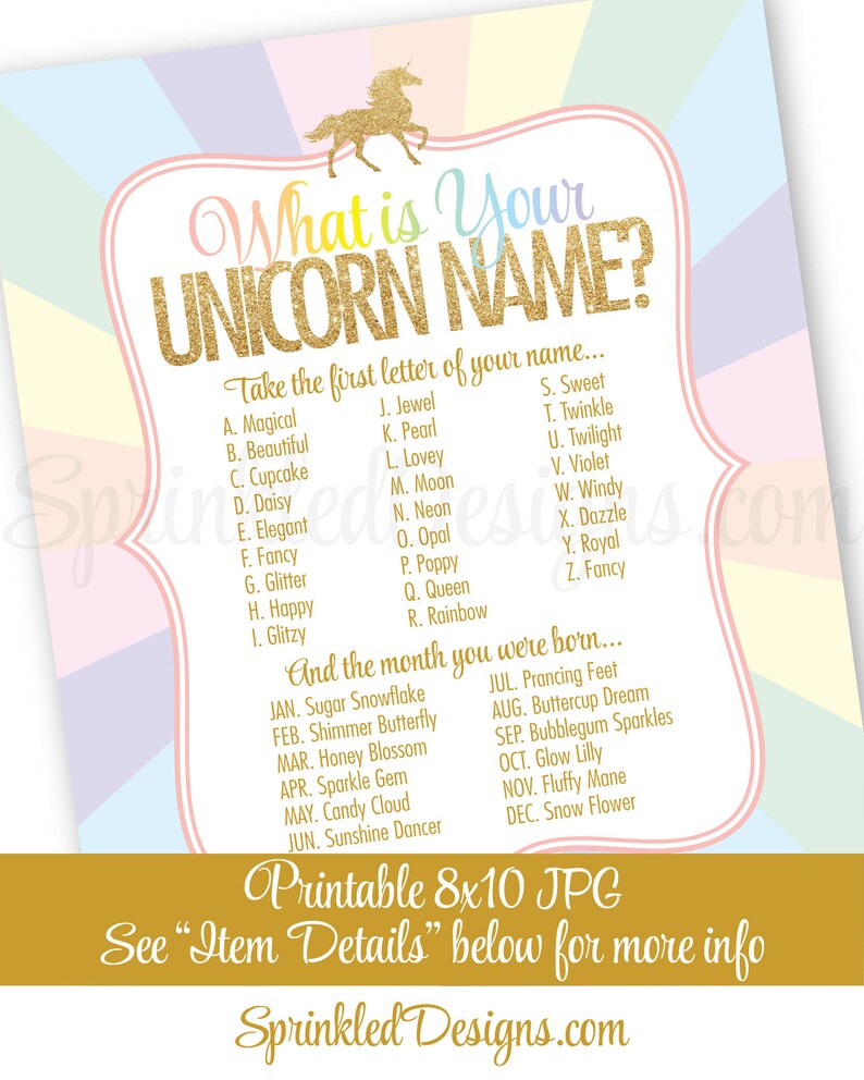 Unicorn Name Party Sign Name Tags Unicorn Name Party Game - Etsy