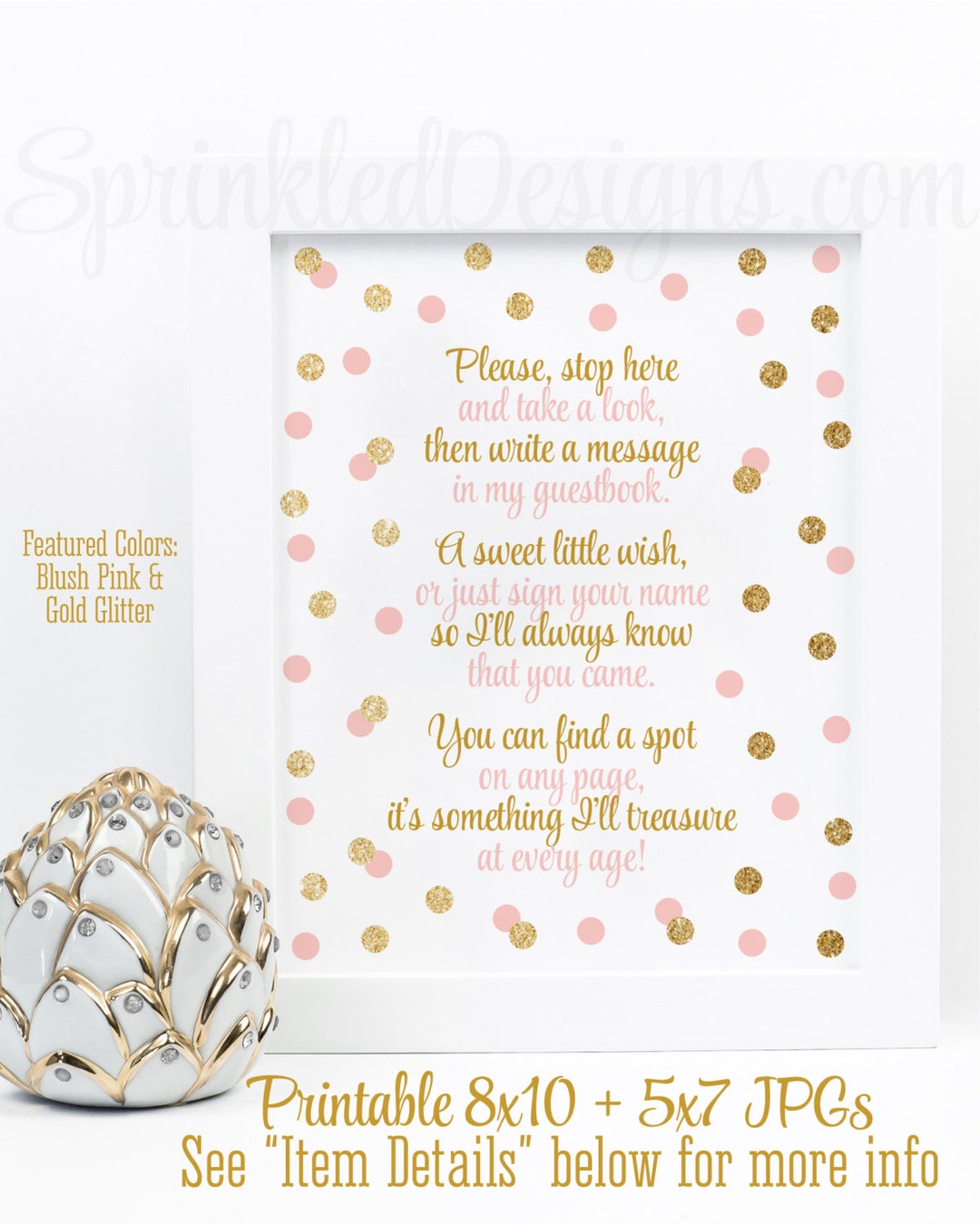 Baby Shower Guest Book Sign Blush Pink Gold Glitter Party 8x10 and 5X7