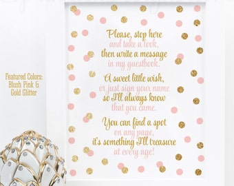 Baby Shower Guest Book Sign - Blush Pink Gold Glitter Party 8x10 e 5X7 Stampabile Compleanno Festa Benvenuto Segno Ragazza Doccia Download immediato