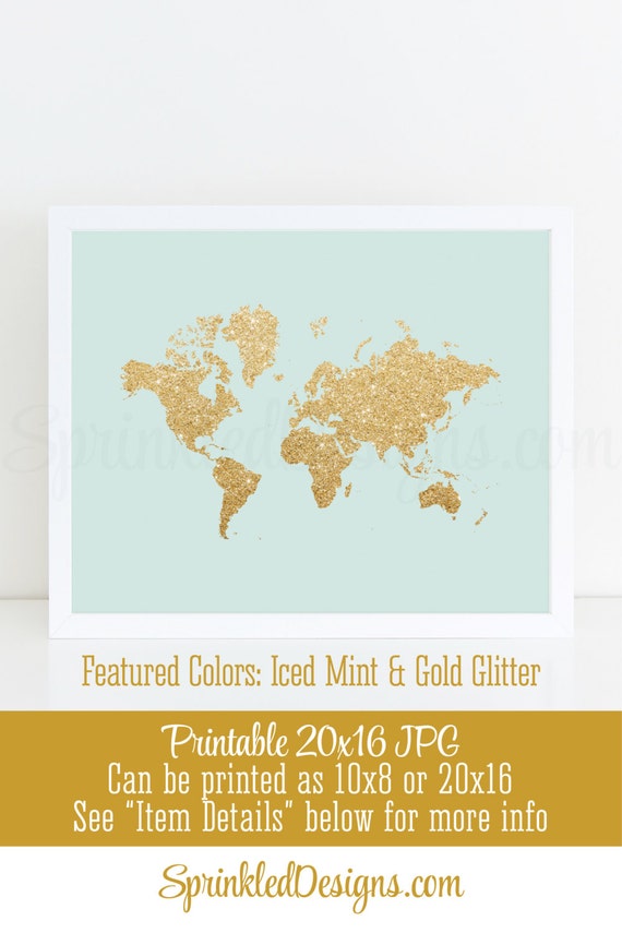 Gold Glitter World Map Wall Art Print Iced Mint Printable Etsy