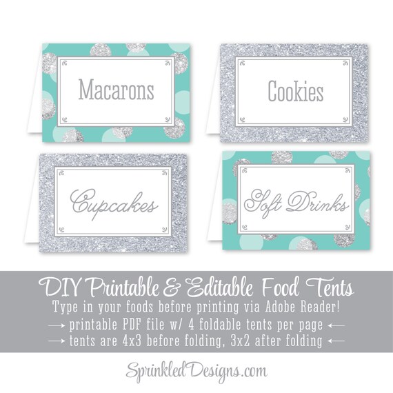 Printable Party Food Tents Audrey Blue Robin Egg Aqua Silver | Etsy