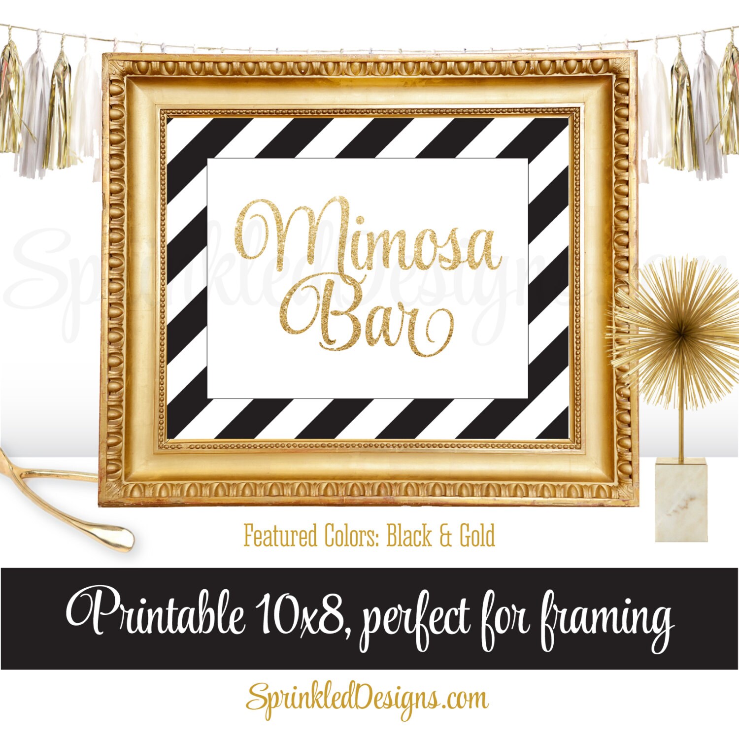 Mimosa Bar Party Sign Black White Gold Glitter Birthday Etsy