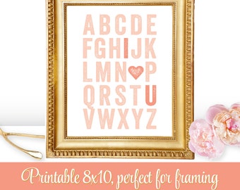 Alphabet ABC I Love You Printable Poster - Valentine's Day Peach Coral Nursery Room Decor, Wedding Decor, Engagement Prop, Nursery Art