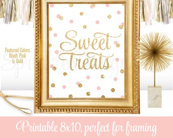 Sweet Treats Party Sign for Dessert Table - Blush Pink Gold Glitter Printable Poster - Birthday Party Decor - Girl Baby Shower Decorations