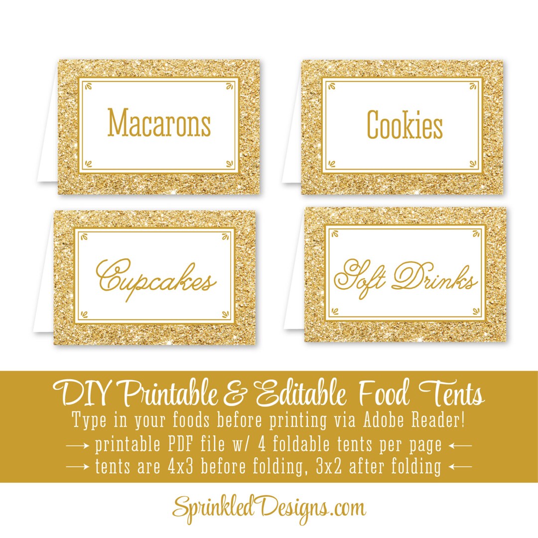 Gold Glitter Printable Party Food Tents Folding Editable - Etsy