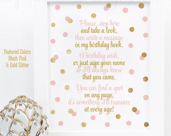 Pink Gold Birthday Guest Book Sign Printable, Please Sign My Book, Printable Birthday Party Decorations, 8x10 Sign, Blush Pink Gold Glitter