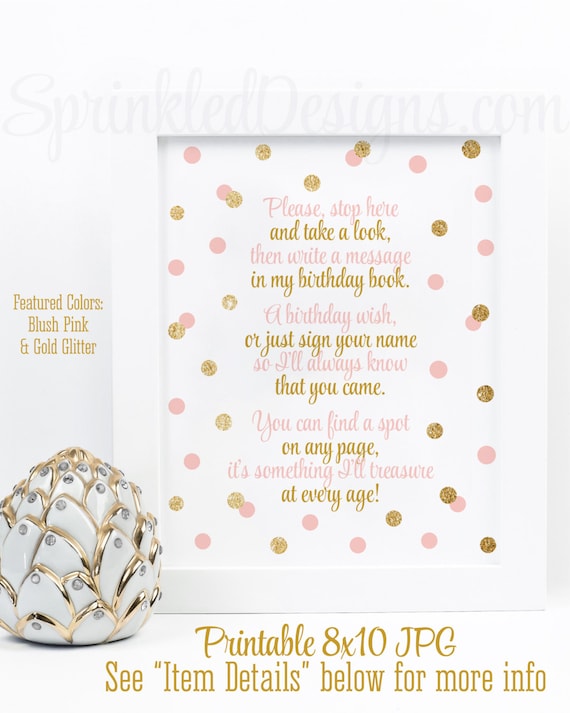 Pink Gold Birthday Guest Book Sign Printable, Please Sign My Book, Printable Birthday Party Decorations, 8x10 Sign, Blush Pink Gold Glitter Il_570xn