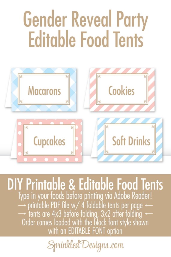 Pink & Blue Food Tents - Ice Cream Gender Reveal Party Decorations, Blush Pink Baby Blue Printable Food Tents, Editable Text Place Cards Il_570xn