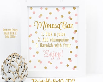 Mimosa Bar Sign - Blush Pink Gold Glitter Baby or Bridal Shower Ideas - Sip N See Party Sign - Birthday Party - Printable 8x10 Table Sign