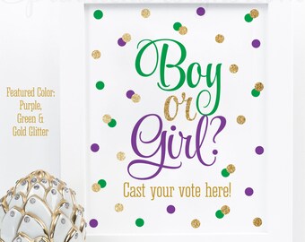 Mardi Gras Gender Reveal Party Decorations - Boy or Girl Cast Your Vote Printable Sign - Purple Green Gold Glitter Baby Shower Decorations
