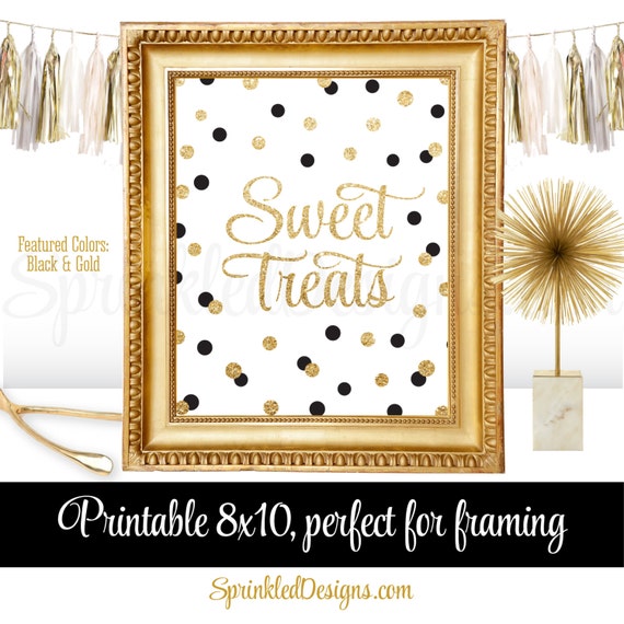 Sweet Treats Party Sign for Dessert Table - Black Gold Glitter Wedding, Birthday Party, Baby Shower Decor Party Printables Il_570xn