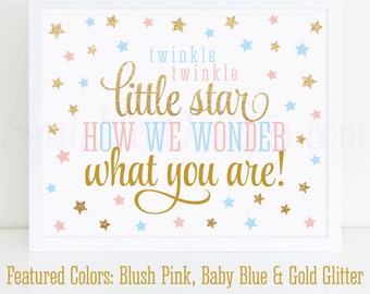 Twinkle Twinkle Little Star How We Wonder What You Are - Printable Twinkle Little Star Gender Reveal Sign, Gold Glitter Blush Pink Baby Blue