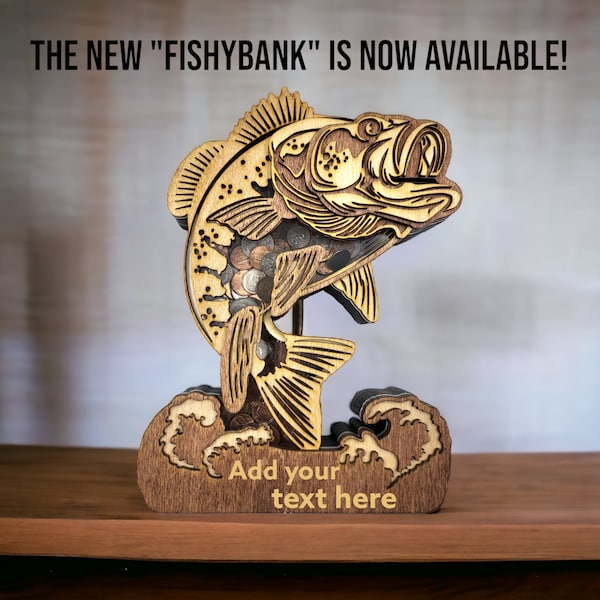 Fishybank, wooden bank for coins, piggybank, fish, bass, largemouth bank