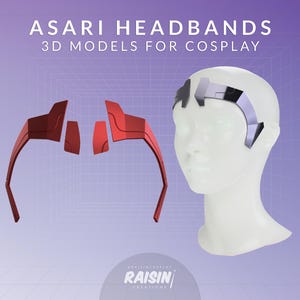 May include: Image features Asari headbands, 3D models for cosplay. The design includes a red headband and a silver and black headband on a mannequin head. The background is a gradient of purple and blue.
