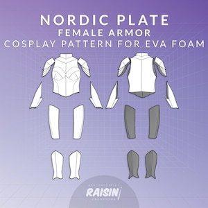 Puede incluir: Ilustración de un patrón de cosplay de armadura femenina para espuma EVA. El diseño incluye un peto, protectores de hombros y piezas para las piernas. El texto "NORDIC PLATE FEMALE ARMOR COSPLAY PATTERN FOR EVA FOAM" está en la parte superior.